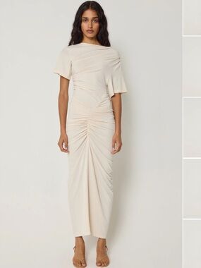 KHY One-Shoulder Cream Draped Ruched Evening Dress